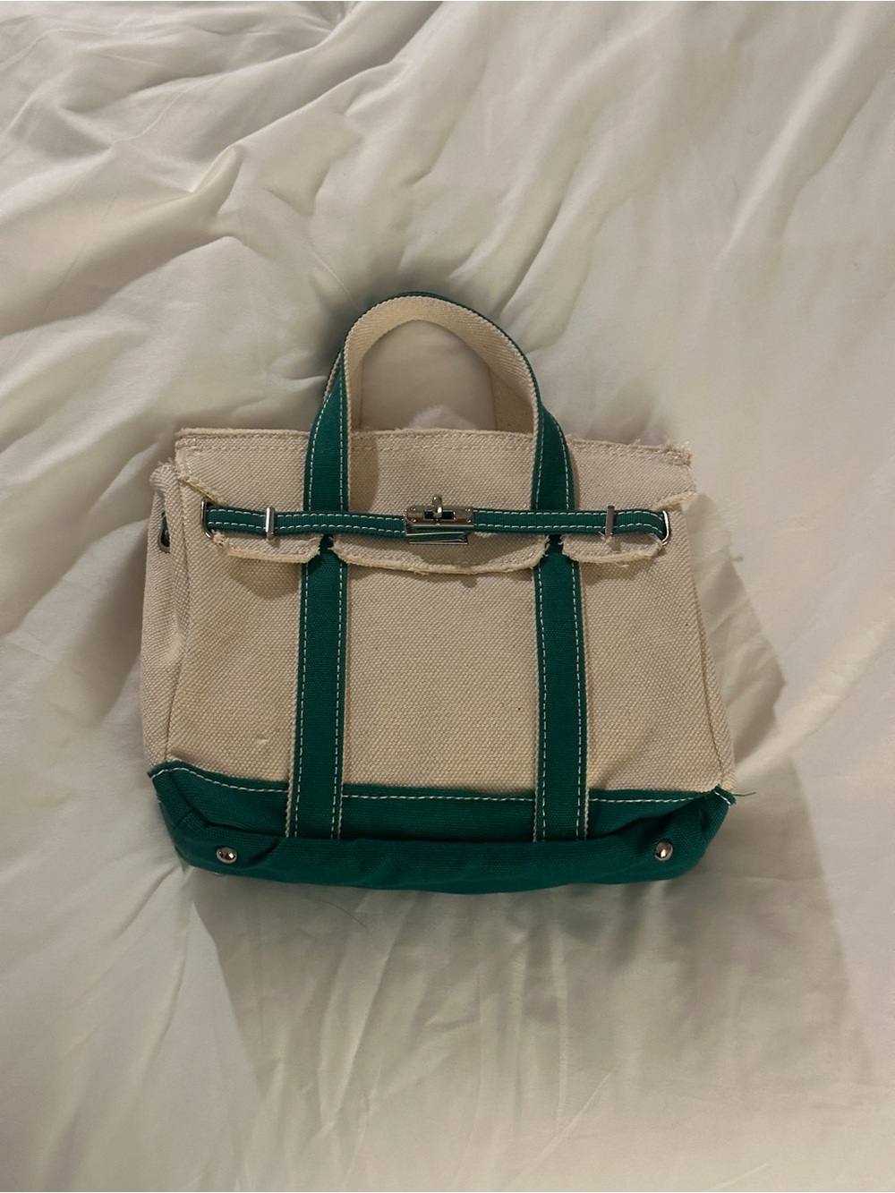 T.J.Maxx Cream Canvas Tote with Green Trim